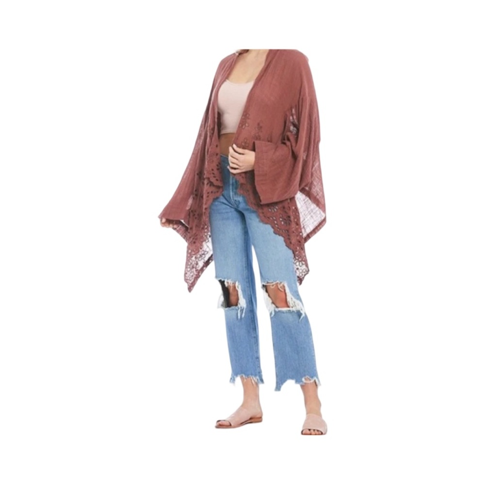 FP One Amaira Burgundy/Dark Mauve Cotton Gauzy kimono Floral Shall Top OS